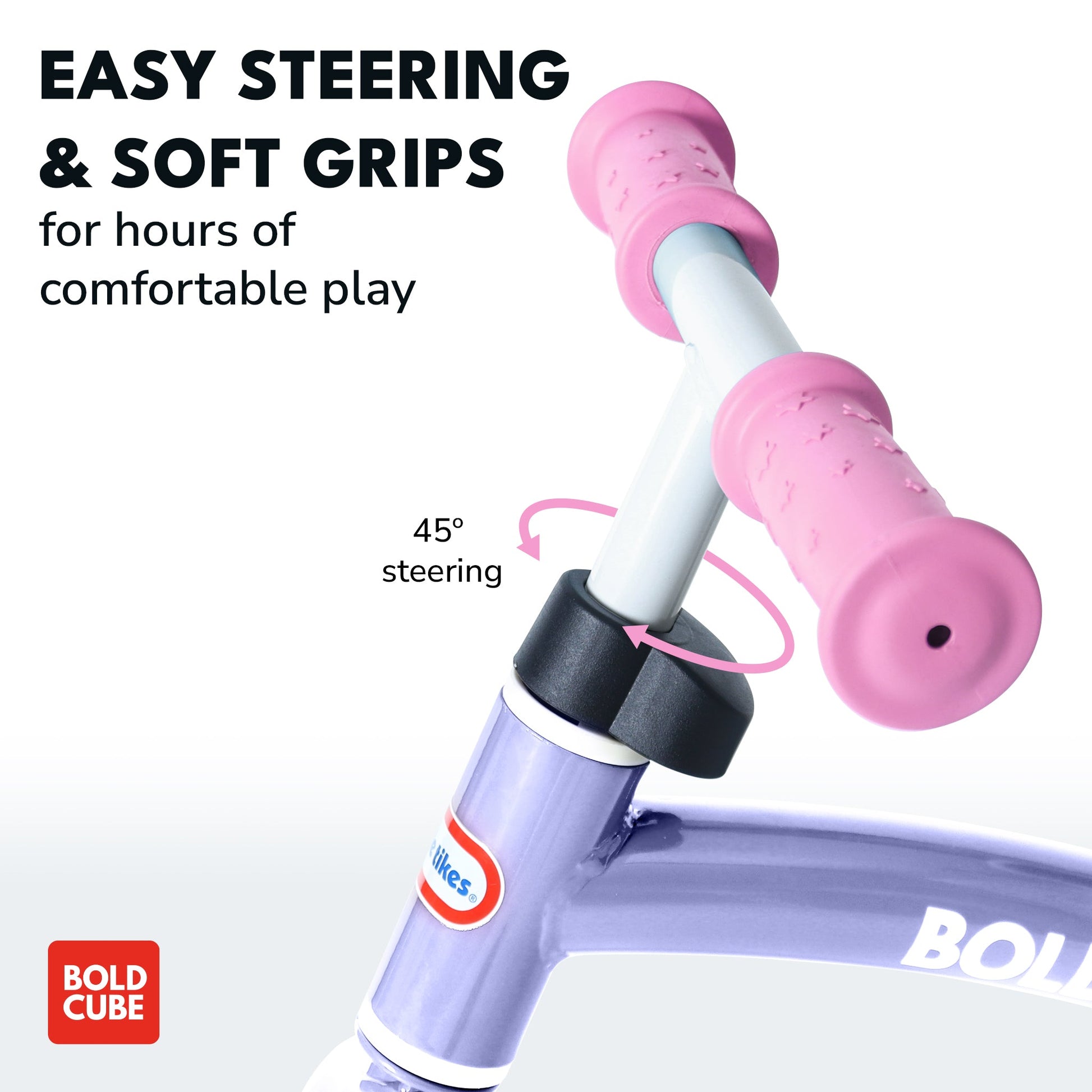 Bicycle handlebar with pink grips and text highlighting easy steering and soft grips on a white background.