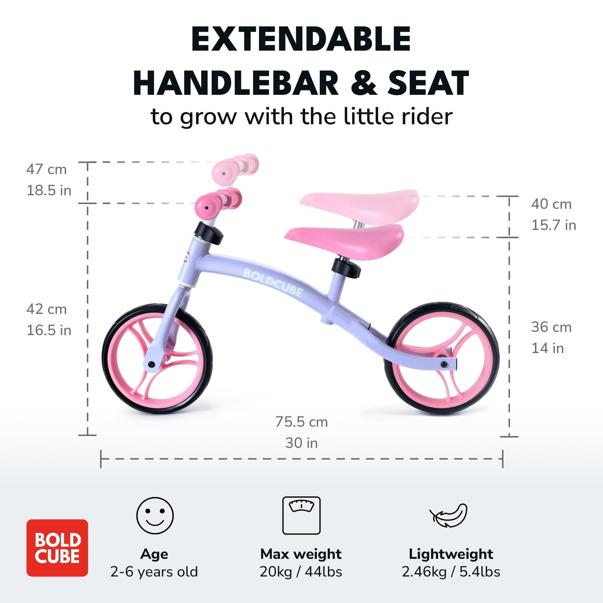 Children's balance bike with extendable handlebar and seat, showing dimensions and features on a white background.
