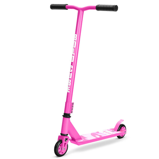 Pink scooter with black handlebar on a white background