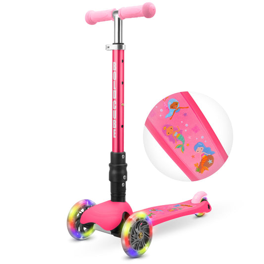Pink children's scooter with colorful wheels and mermaid design on a white background