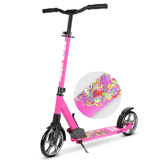 Pink scooter with colorful design on a white background