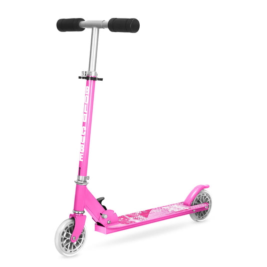 Pink scooter with black handlebar on a white background