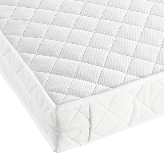 White quilted mattress cover on a bed with a plain background