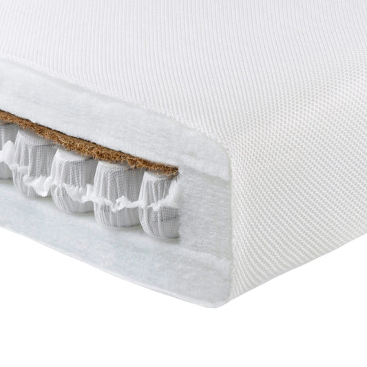 Close-up of a mattress with a visible layer of cork and organic material.