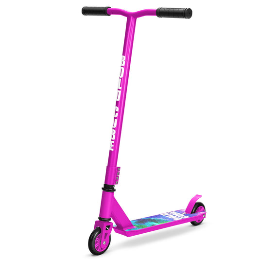 Pink scooter with black handlebars on a white background