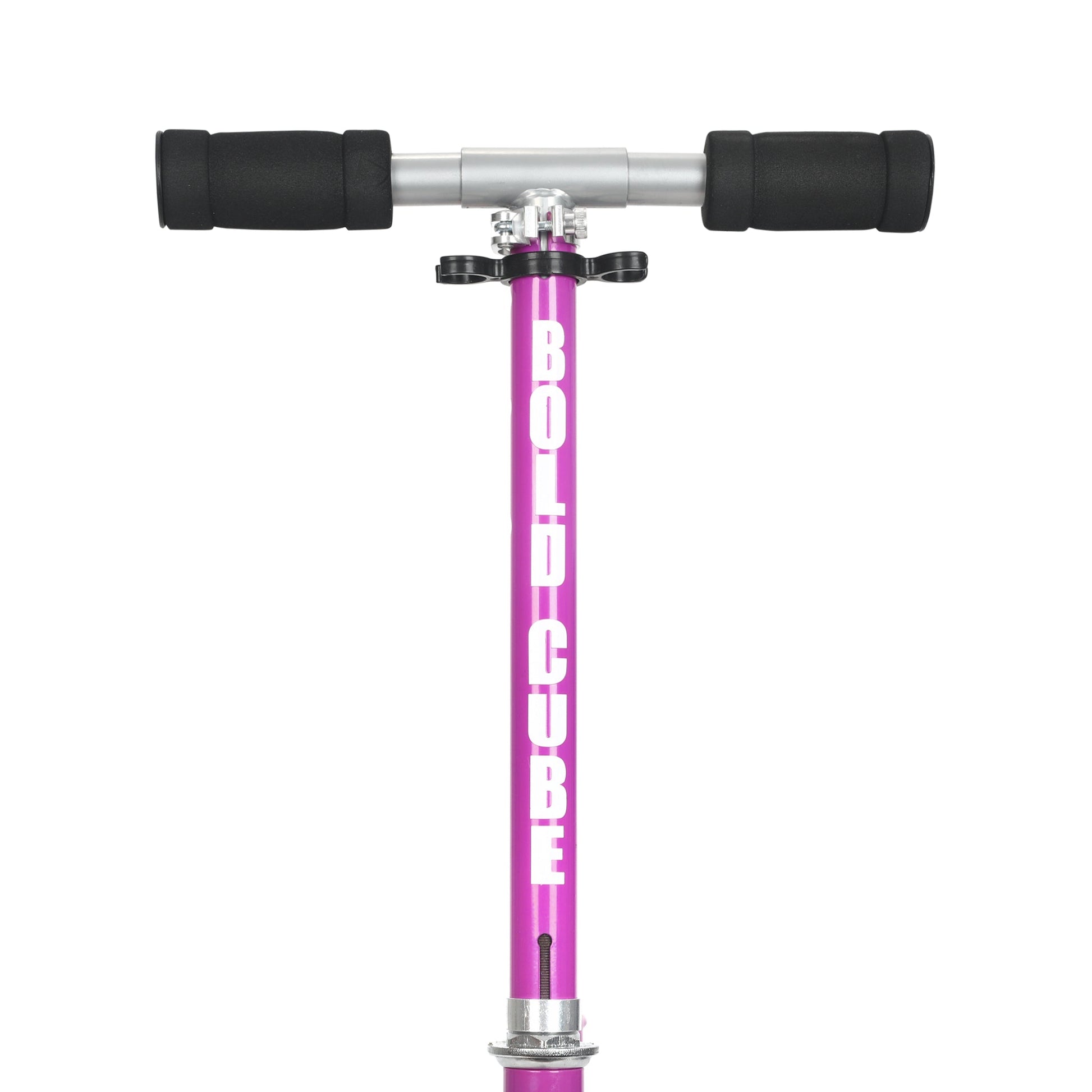 Pink scooter with black handles on a white background