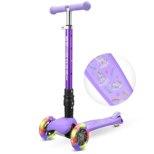 Purple children's scooter with rainbow wheels on a white background