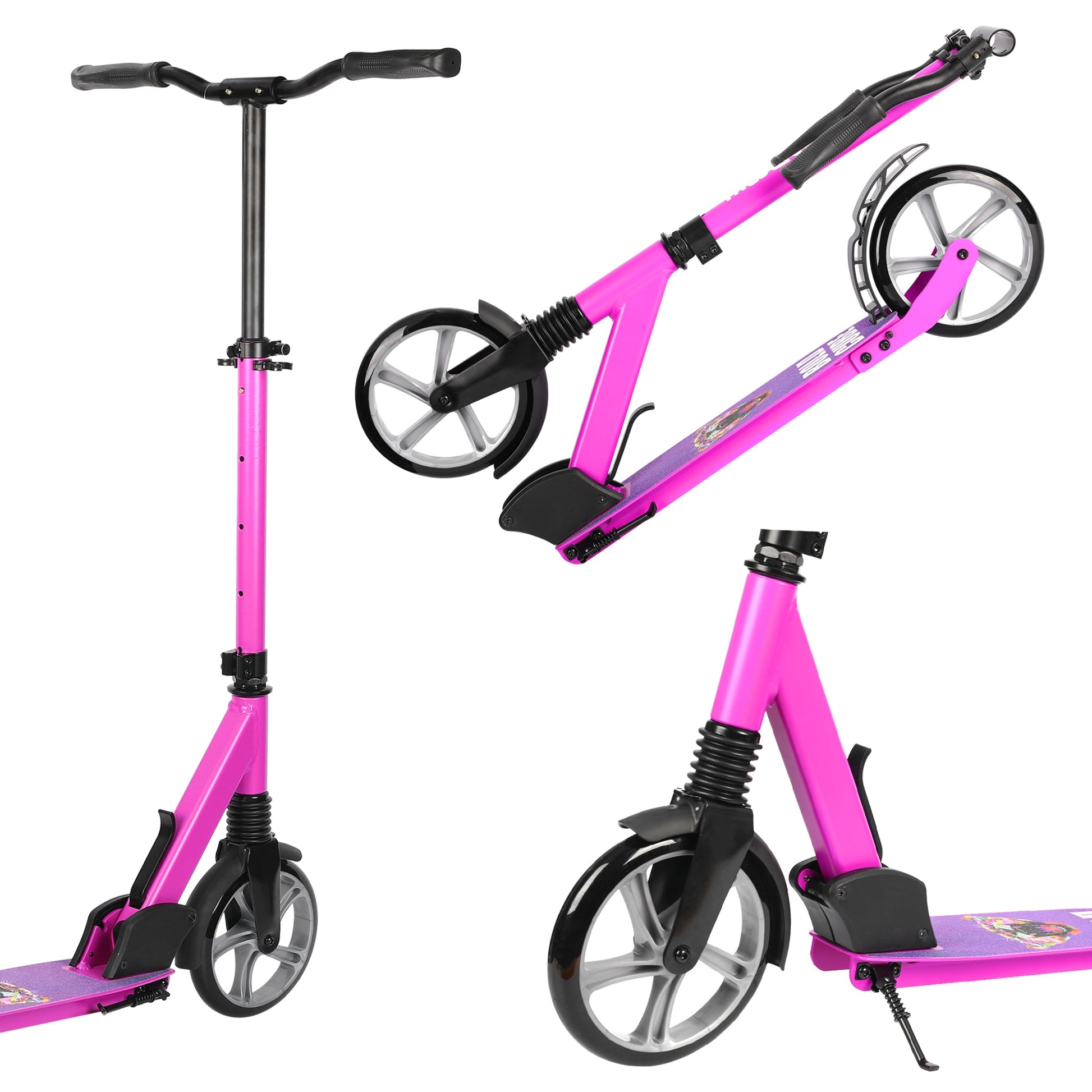 Pink scooter with black accents on a white background