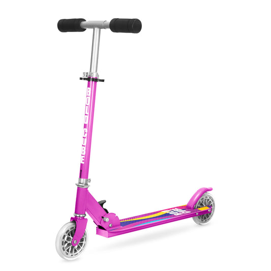 Pink scooter with black handlebar on a white background