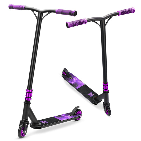 Black and purple scooter with a white background