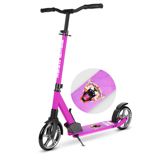 Pink scooter with a colorful ball on a white background