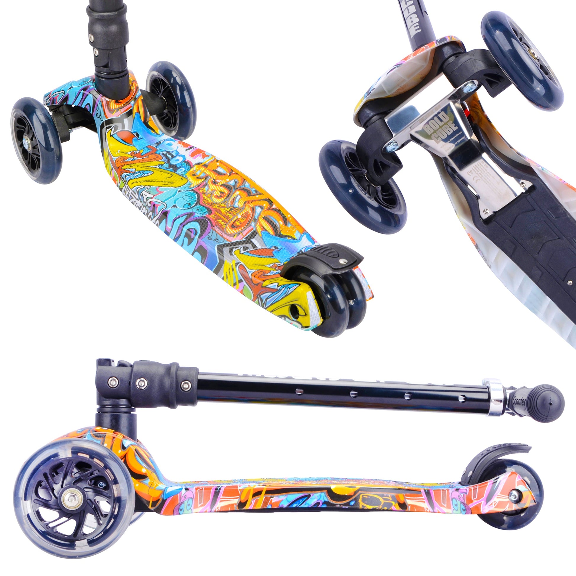 Three colorful scooters with different designs on a white background
