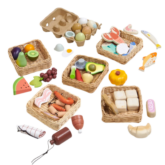 Collection of wooden toy food items including fruits, vegetables, and animals on a white background