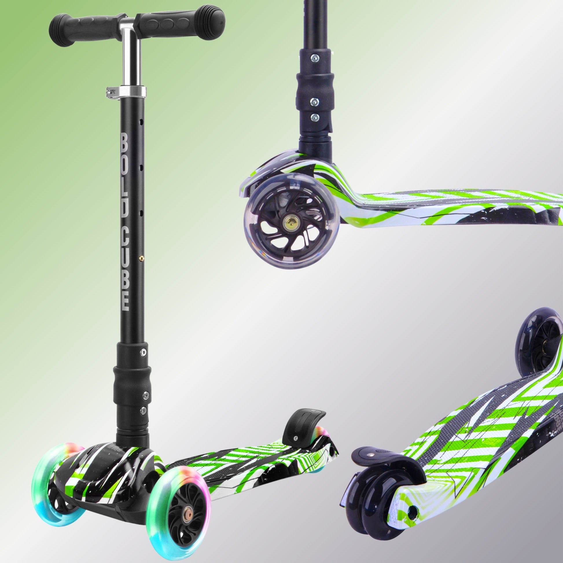 Green and black scooter with colorful wheels on a gradient background