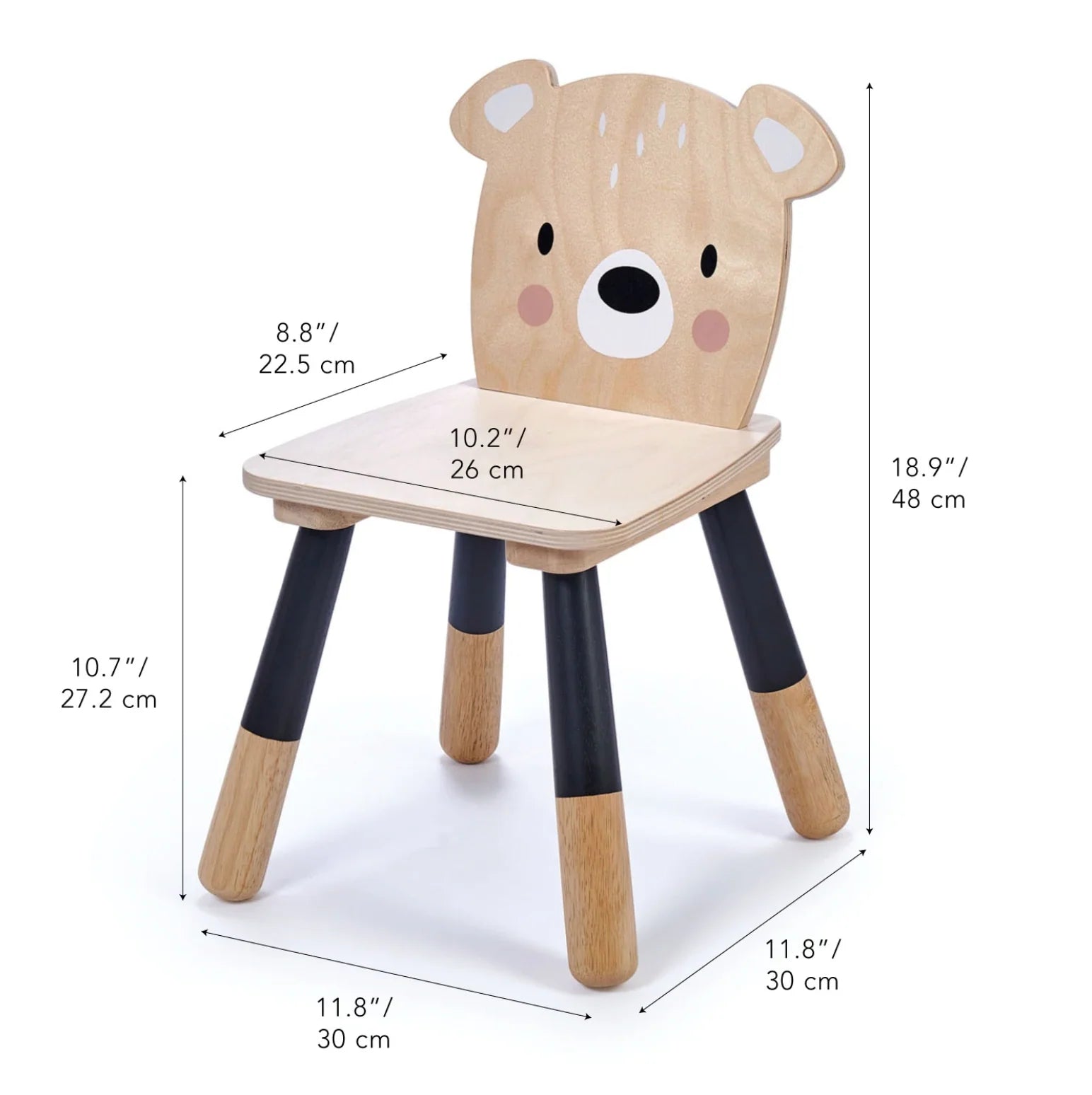Children's chair with bear design and dimensions on a white background