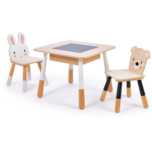 Children's table and chairs set with animal faces on a white background