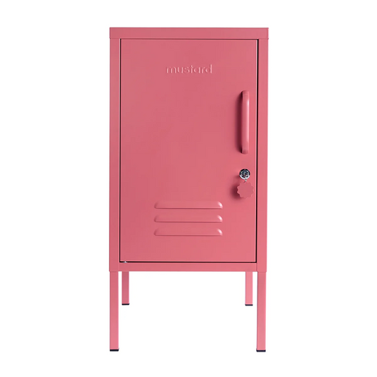 Pink metal locker with 'mustard' branding on a white background