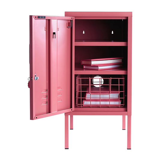 Pink metal locker with open door on a white background