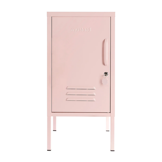 Pink metal locker with branding on a white background
