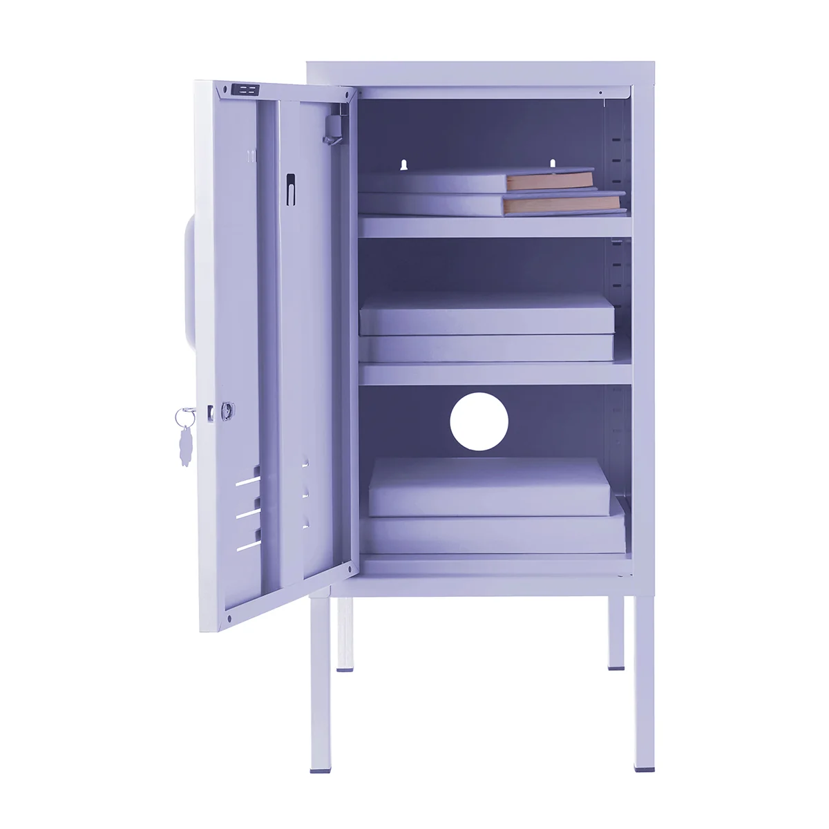 Metal storage cabinet with open doors on a white background