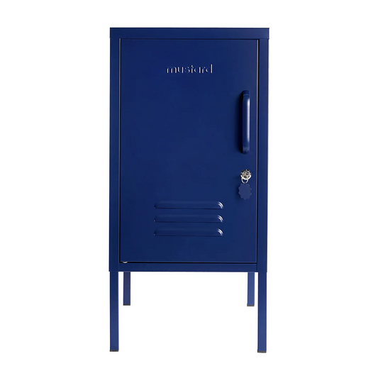 Blue metal locker with branding on a white background