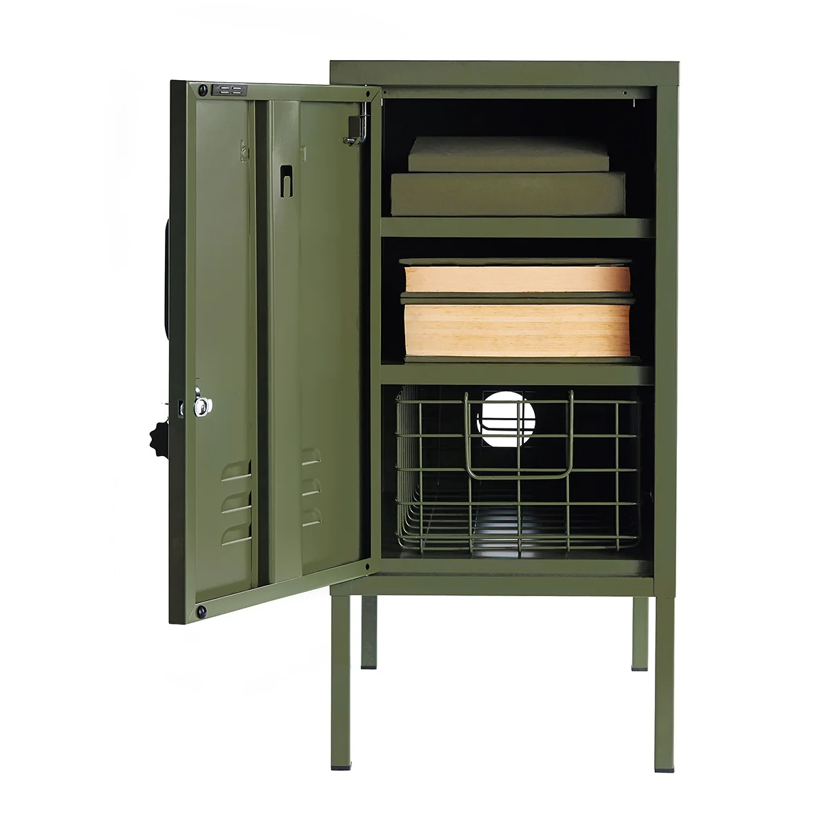 Green storage cabinet with open door on a white background