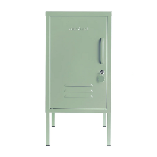 Green metal locker with a handle on a white background