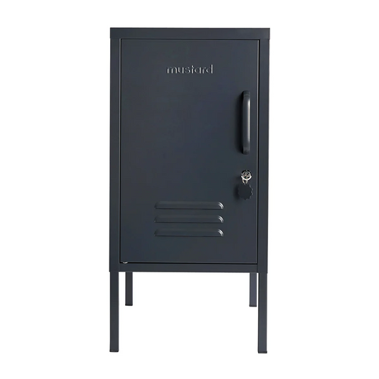 Black metal locker with branding on a white background