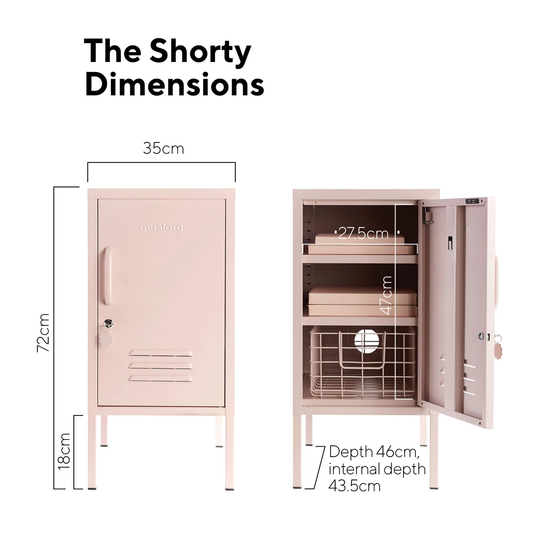 Dimensions of a pink locker with adjustable shelves on a white background