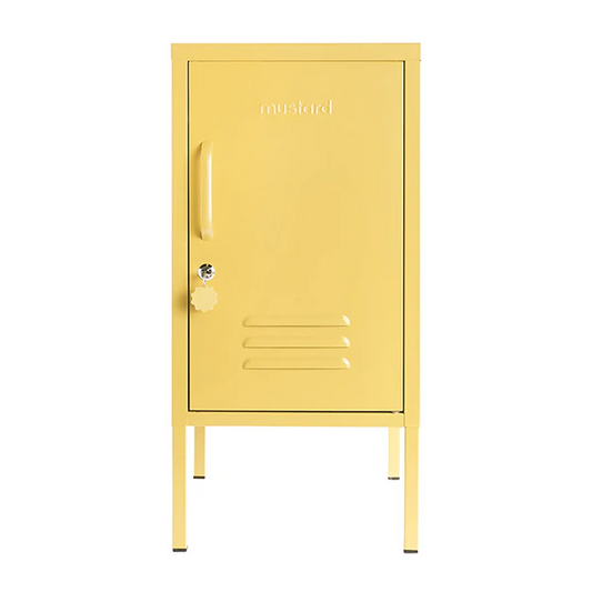 Yellow locker with a visible brand name on a white background
