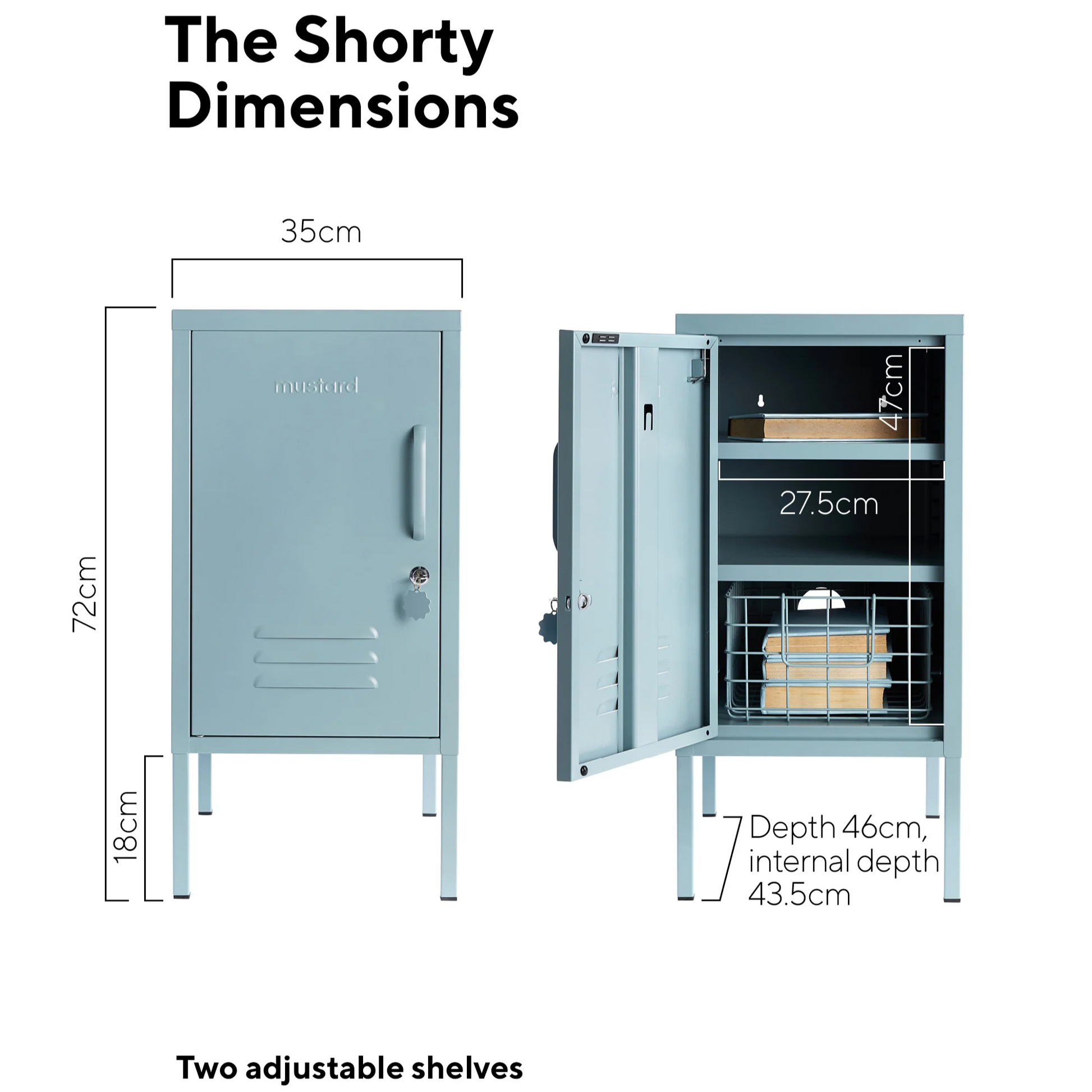 Dimensions of a storage cabinet with adjustable shelves on a white background