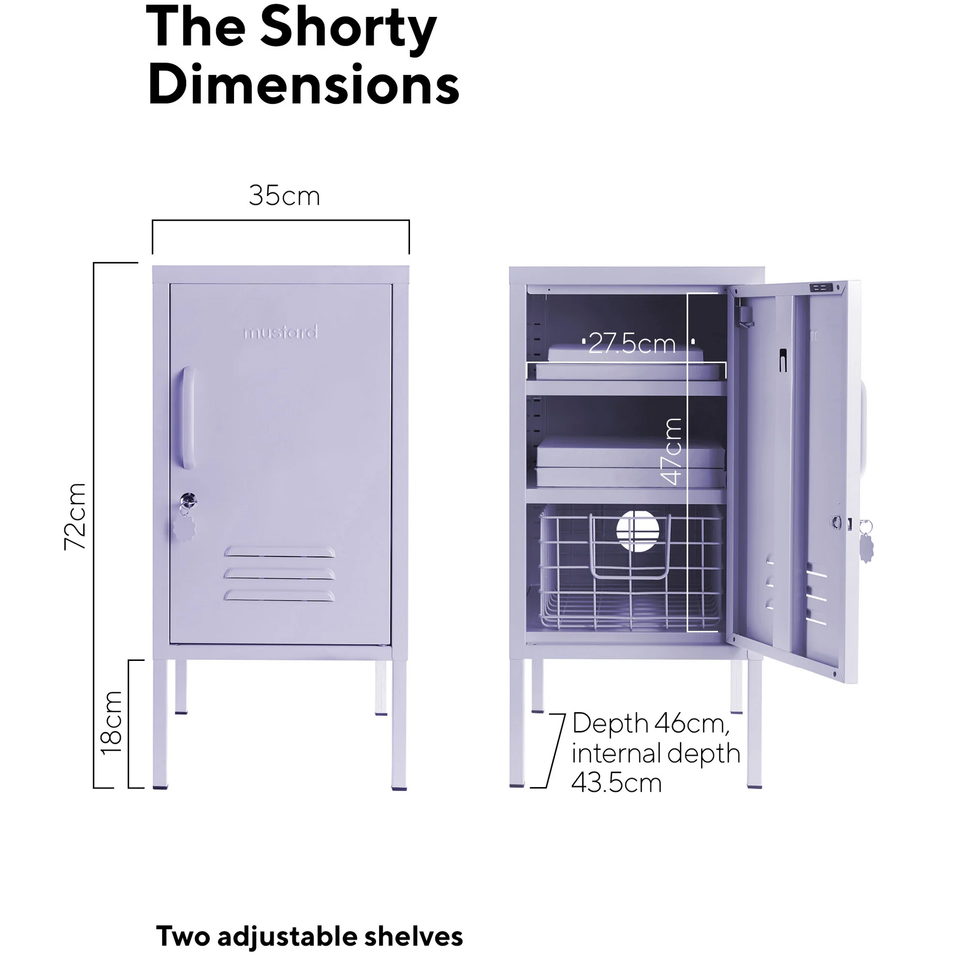 Dimensions of a locker with adjustable shelves on a white background