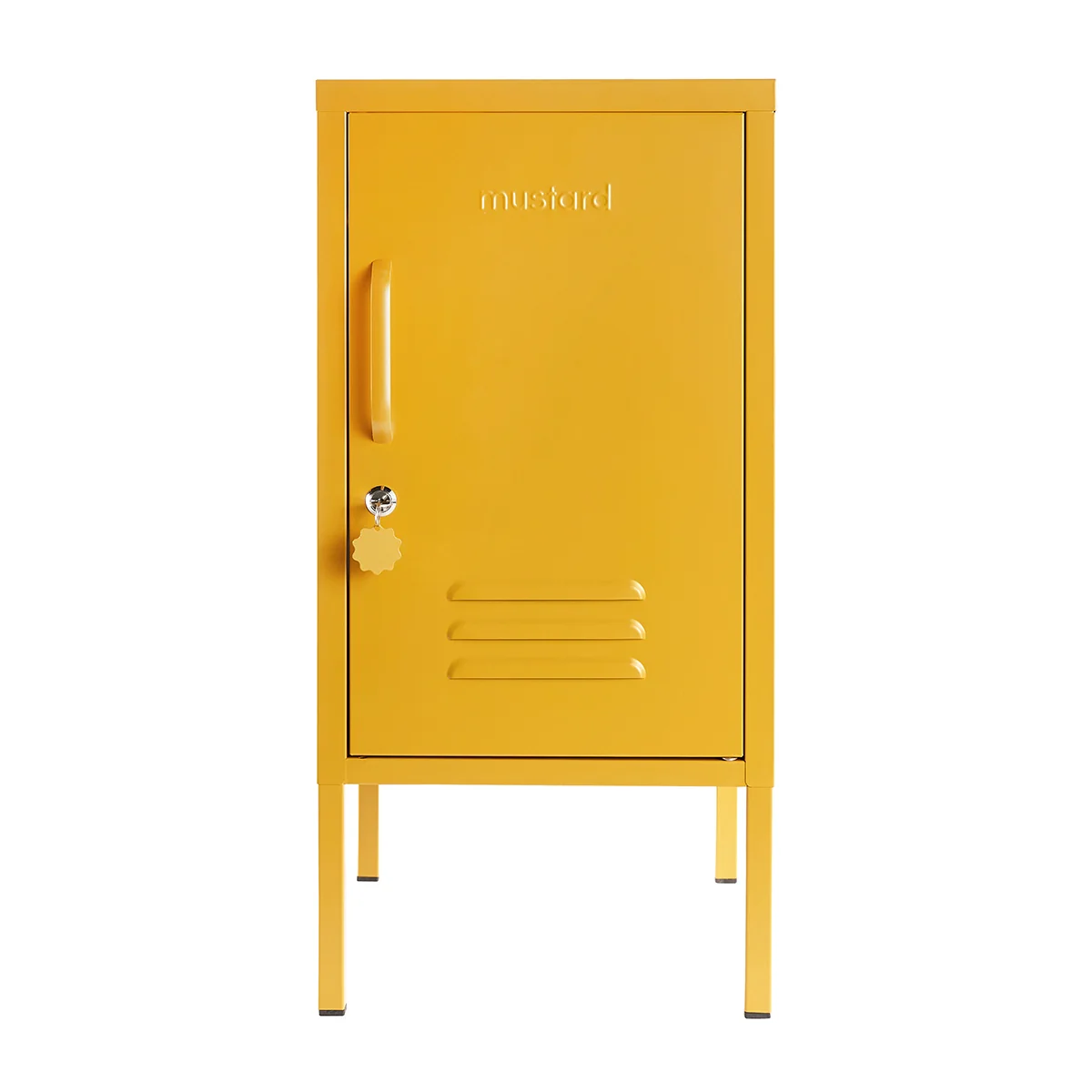 Yellow metal locker with a handle on a white background