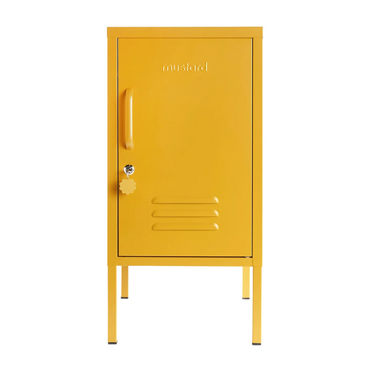 Yellow metal locker with a handle on a white background