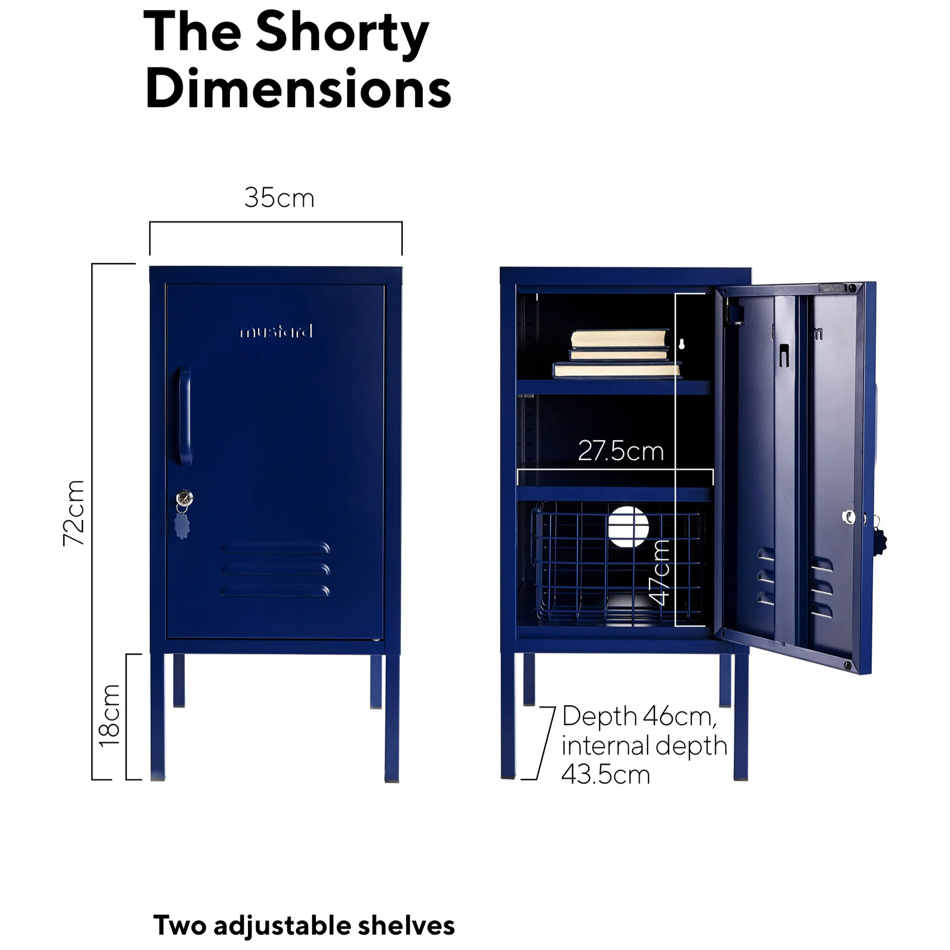 Blue locker with dimensions labeled on a white background