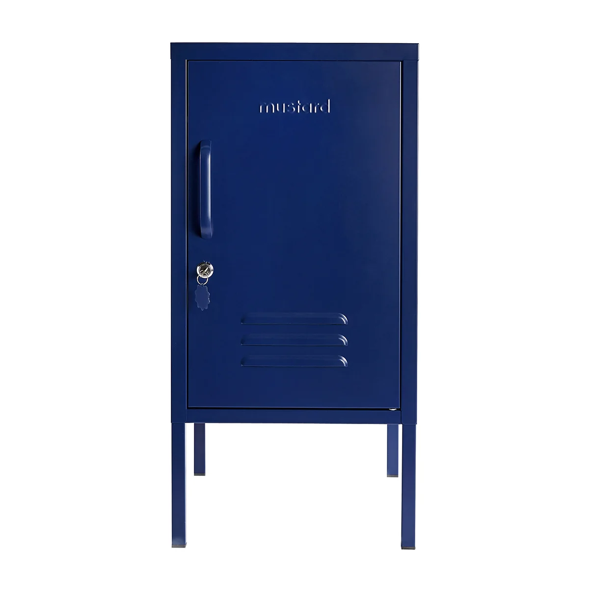 Blue locker with branding on a white background