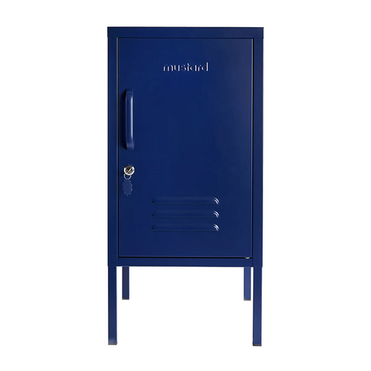 Blue locker with branding on a white background