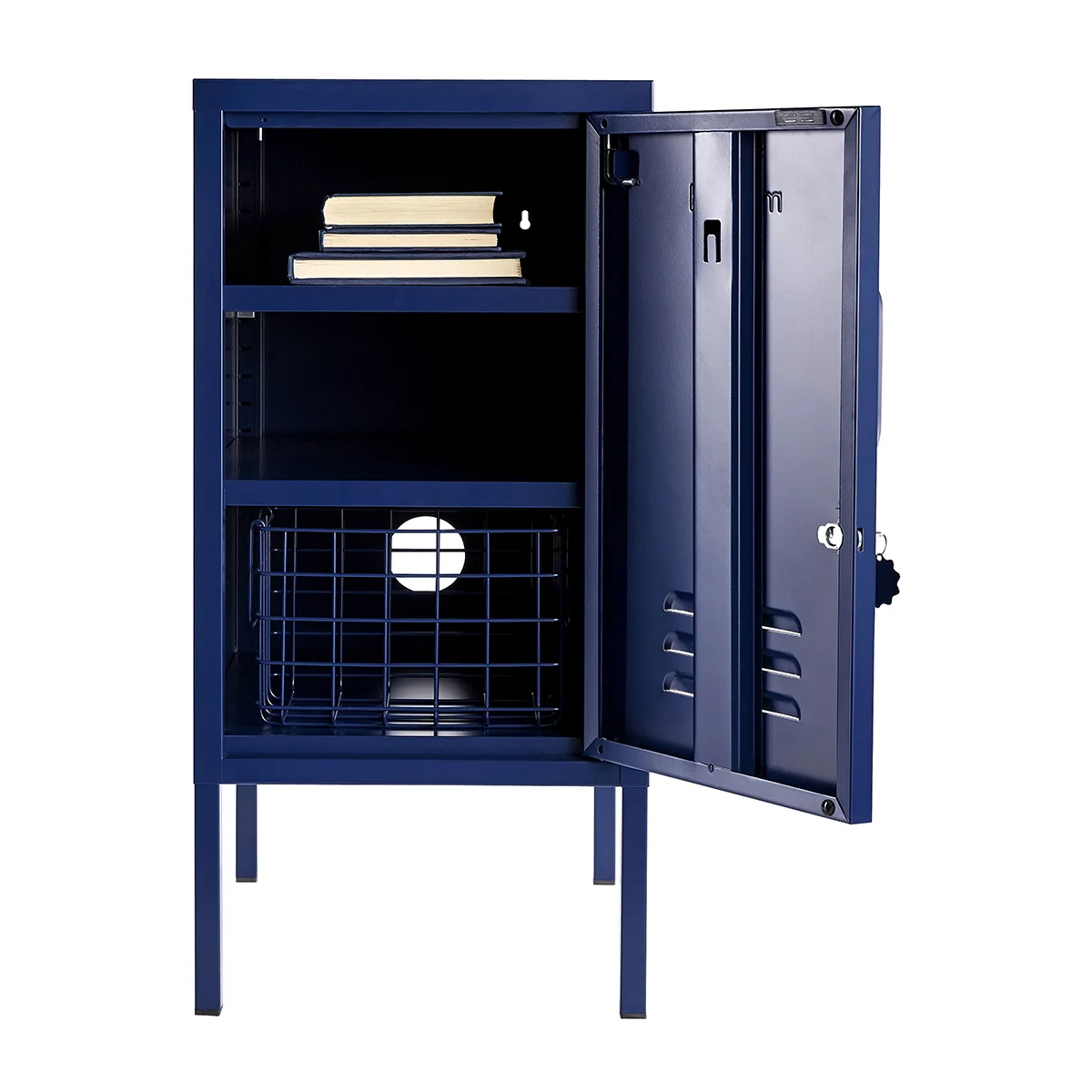 Blue metal locker with open door on a white background