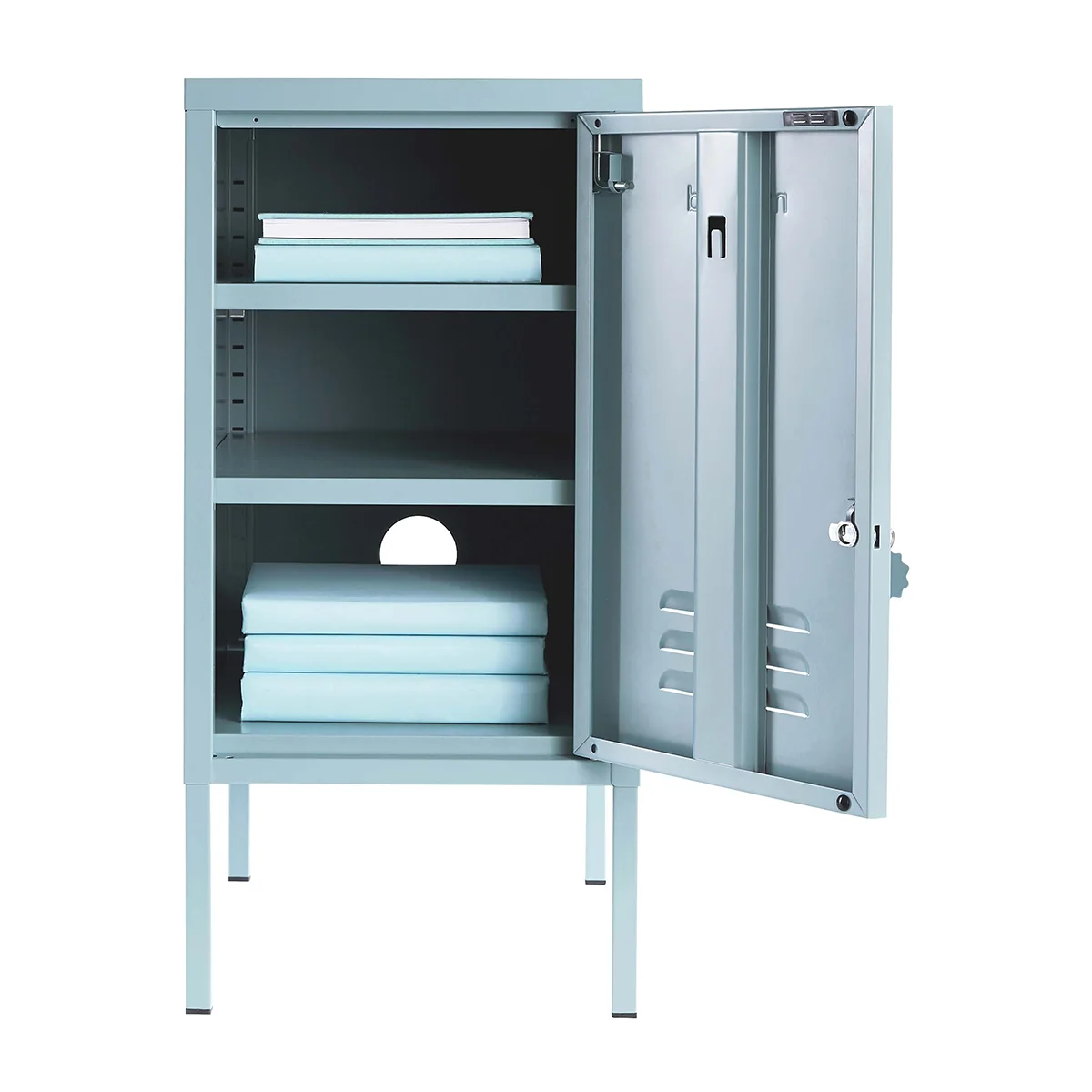 Metal storage cabinet with open doors on a white background