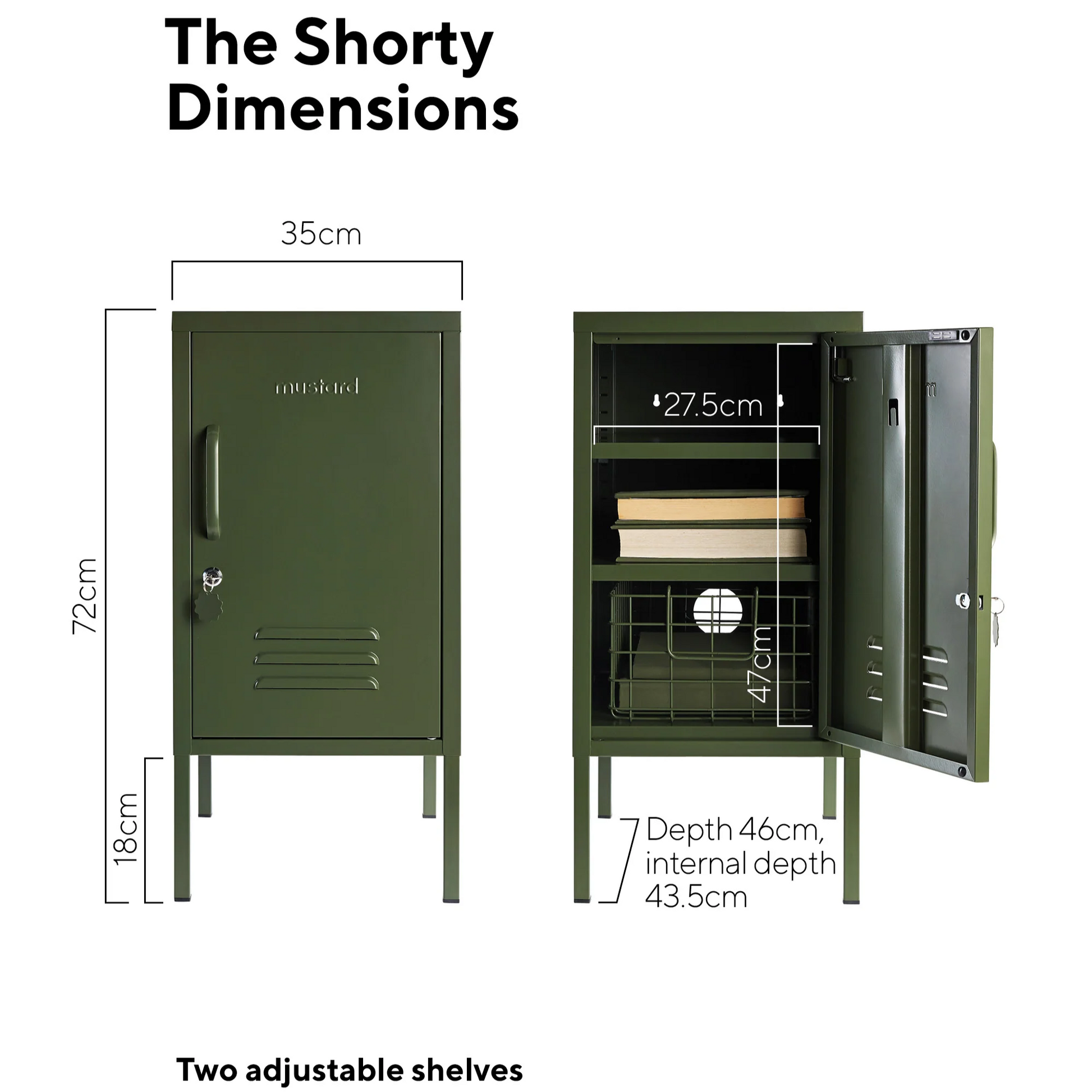 Green locker with dimensions labeled on a white background