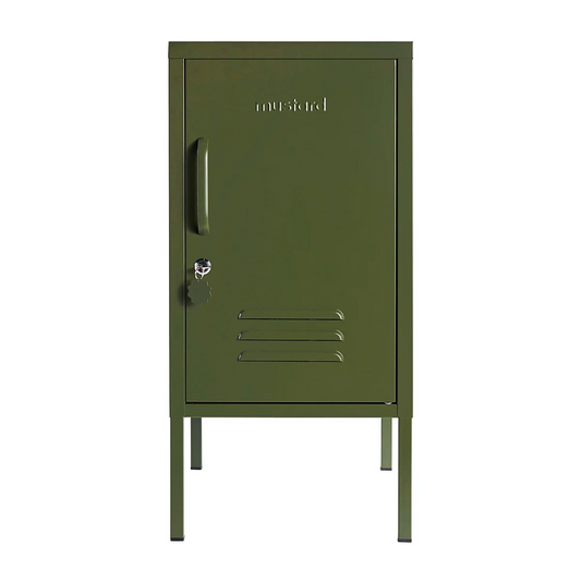 Green metal locker with 'Mustard' branding on a white background