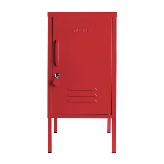 Red metal locker with a handle on a white background