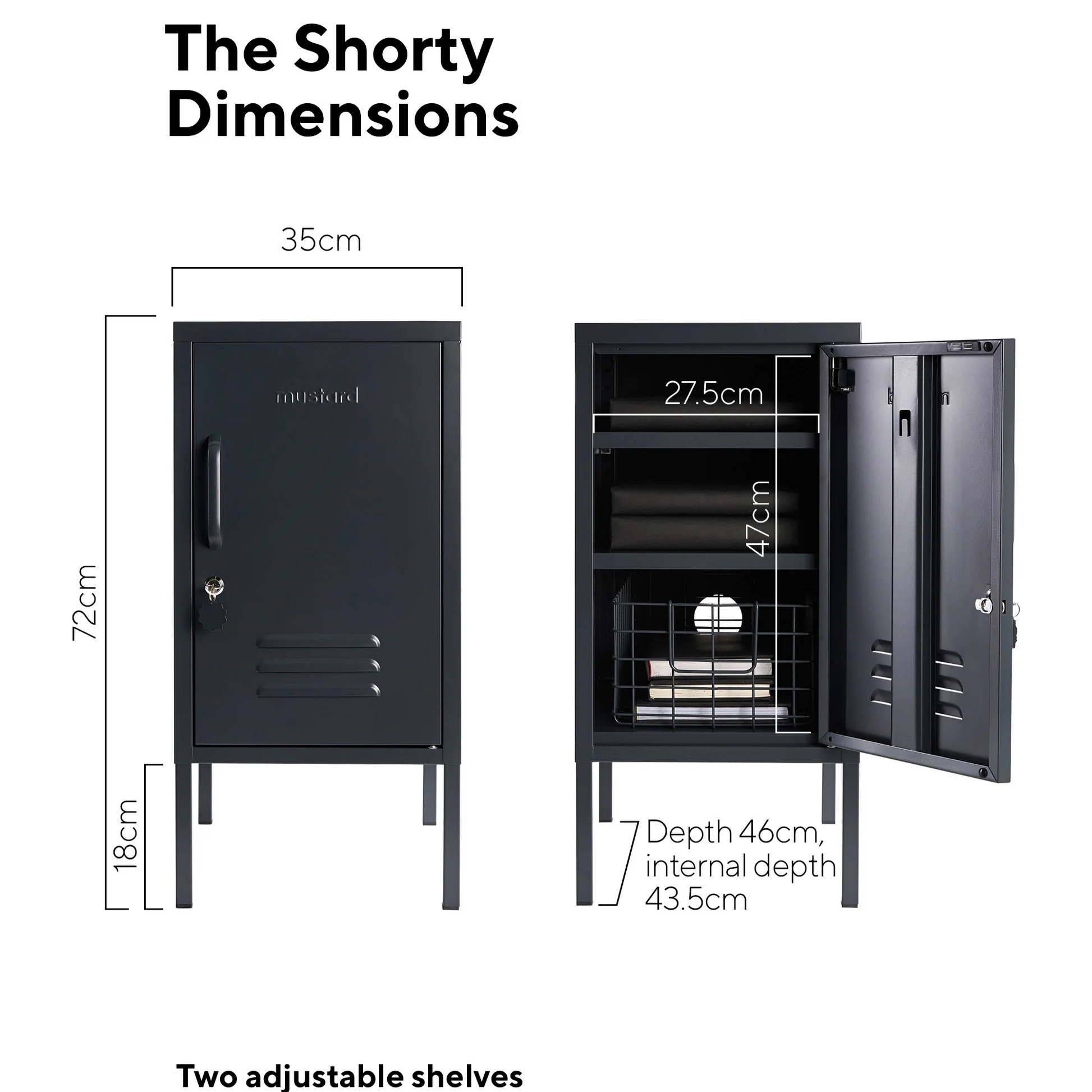 Black locker with dimensions labeled on a white background