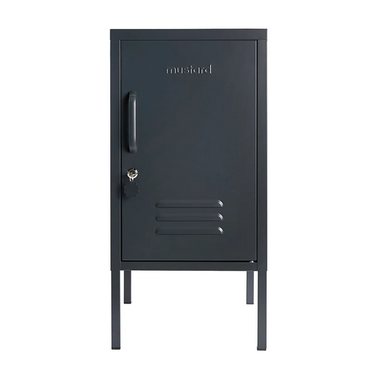 Black metal locker with  branding on a white background