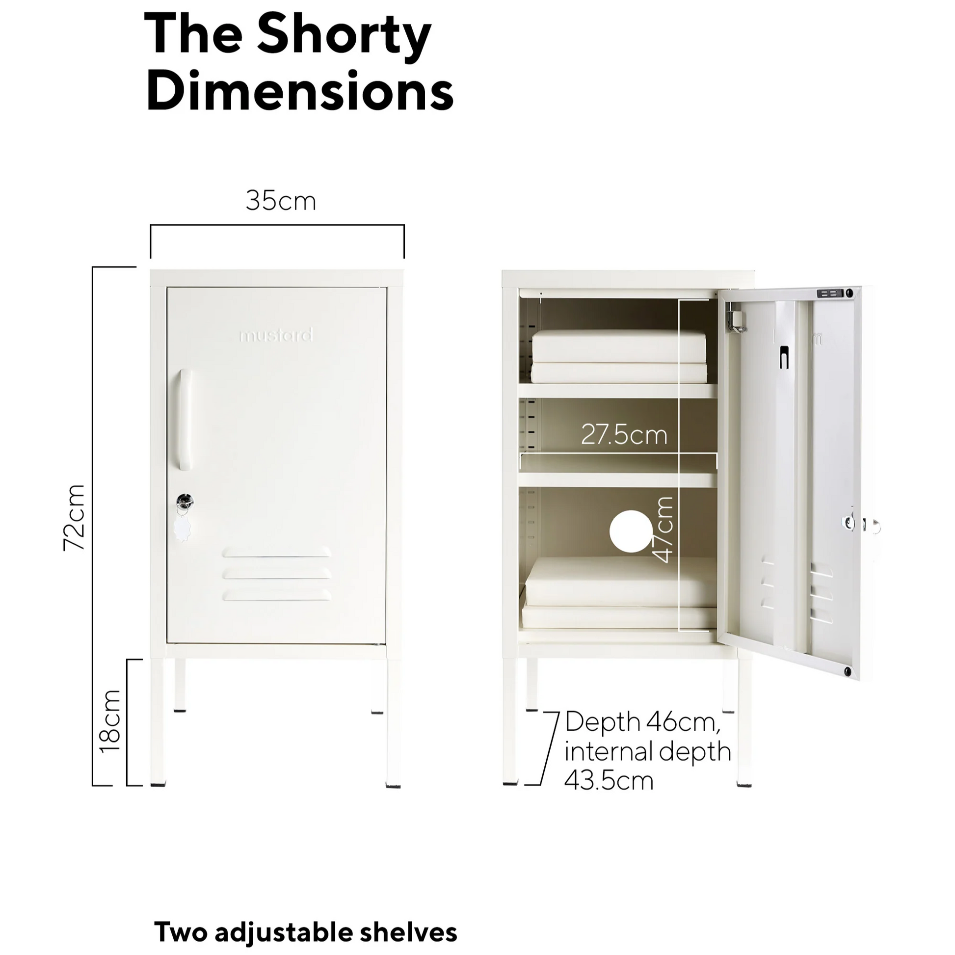 Dimensions of a storage cabinet with adjustable shelves on a white background