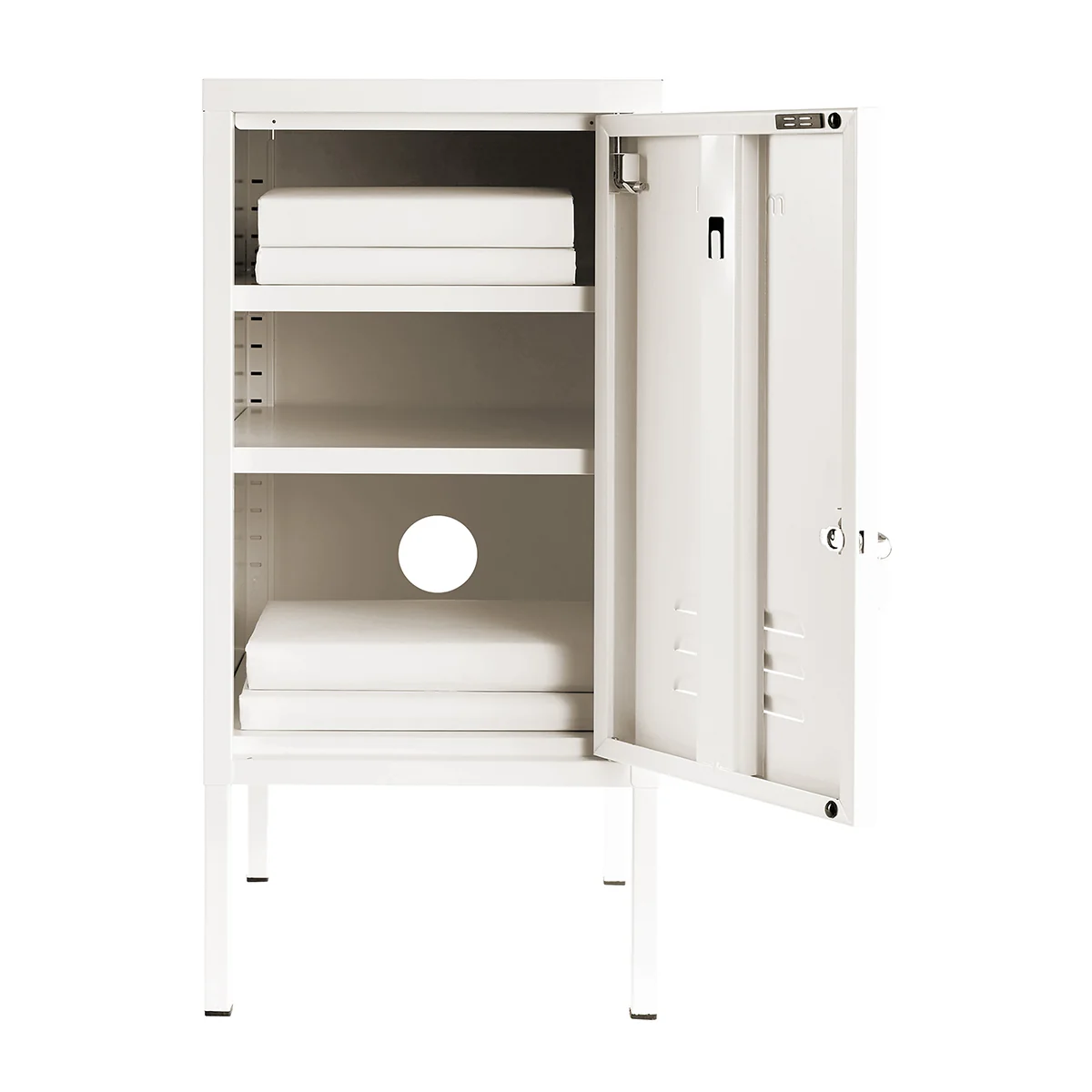 White storage cabinet with open door showing shelves on a white background