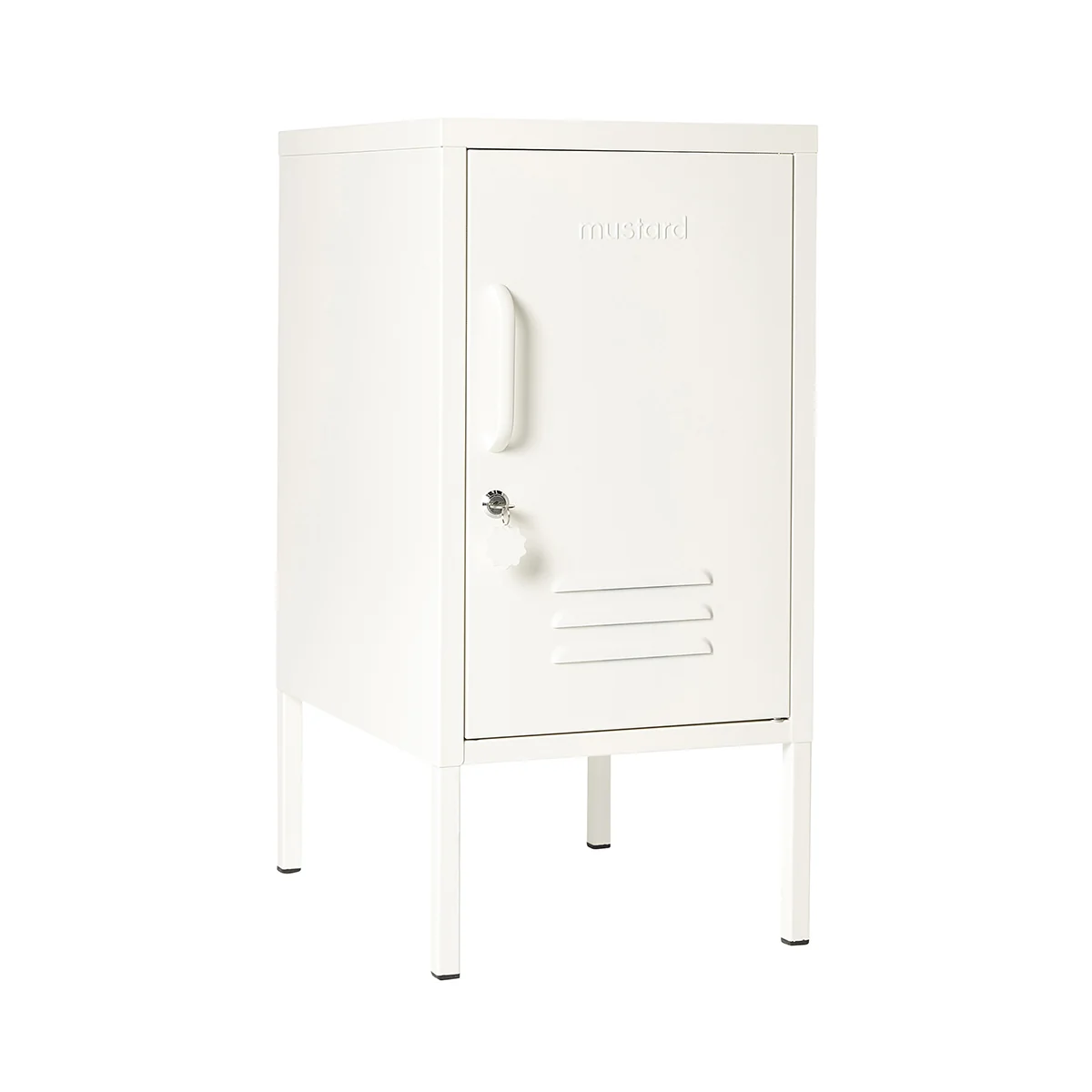 White metal cabinet with a handle on a white background