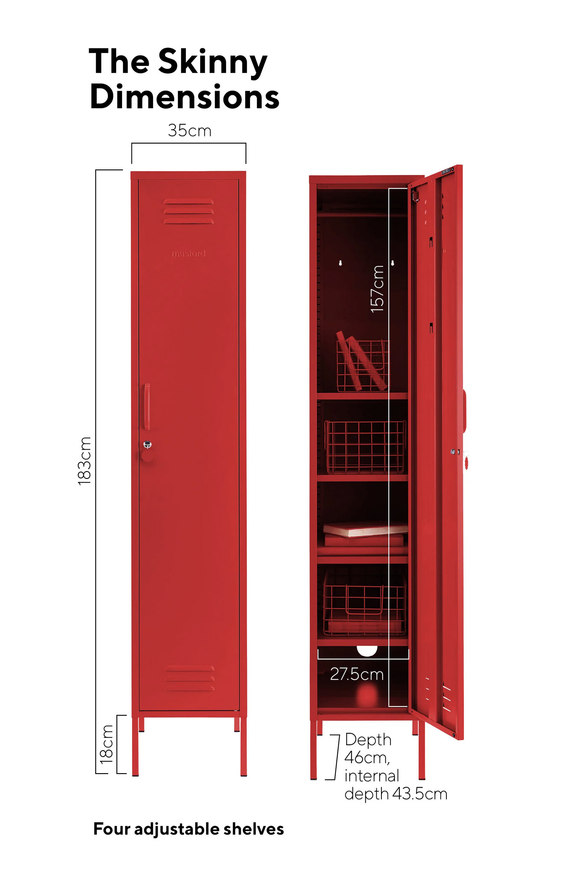 Red locker with dimensions labeled on a white background