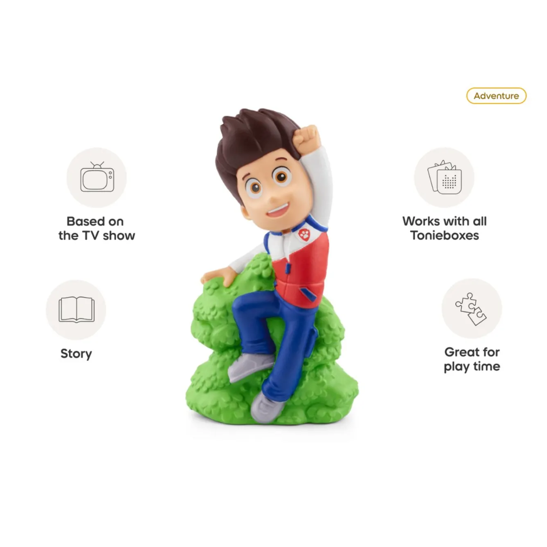 Toy figure on a green rock with features listed on a white background