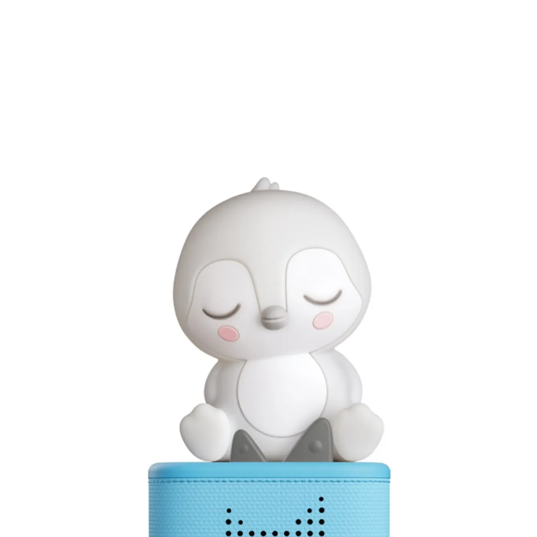 Cute cartoon penguin on a blue cylindrical base with 'Hugg' branding against a white background